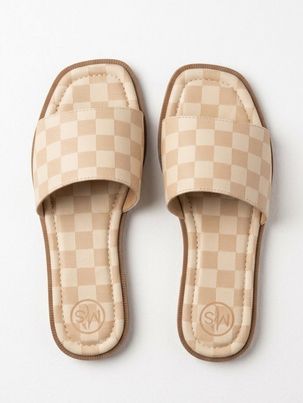 MKS Beige Checkered Slide Sandals Women 7 7.5 Damier Slip On Flat Resort Cruise